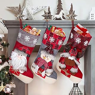 Toyvian Christmas Stocking 3PCS,19.6" Large Christmas Socks Snowman Elk Santa Claus Xmas Character 3D Plush for Family Holiday Christmas Party Decorations