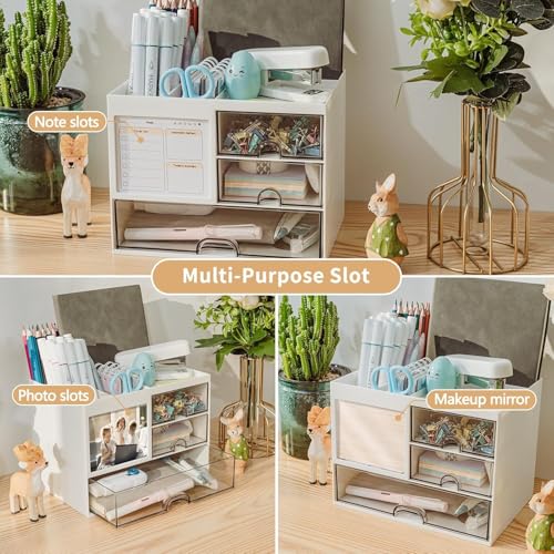 Image of UCRAVO Student Desk Organizer and Storage with 3 Drawers | Aesthetic Pastel Beige Clutter Control Solution | Multi-Functional Large Capacity Table Organizer for Study, School Supplies & Office Use