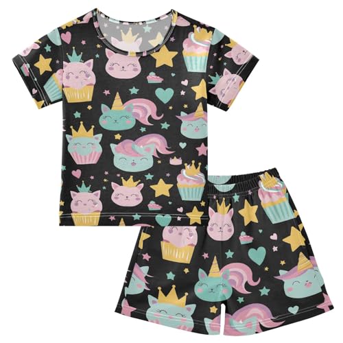 ALAZA Cat Star Cupcake Black Pajamas Set Short Sleeve Cotton Sleepwear Summer Pjs 2 Piece 5-14Y