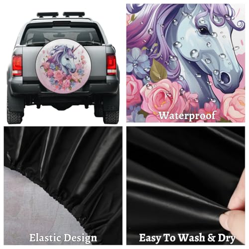 Image of Spare Tire Cover for RV Trailer, Unicorn Flower Tire Covers Universal Fit for Travel Trailer Camper Jeep RV SUV Truck Waterproof Wheel Cover (15 inch for Diameter 27 inch - 29 inch)