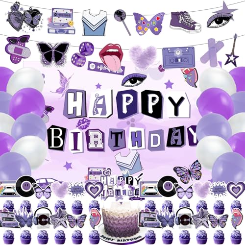 59 Pcs Pop Singer Birthday Party Supplies Purple Butterfly Singer Themed Party Decoration Purple Music Backdrop Balloons Cake Cupcake Topper for Popular Music Lover Themed Party Decor