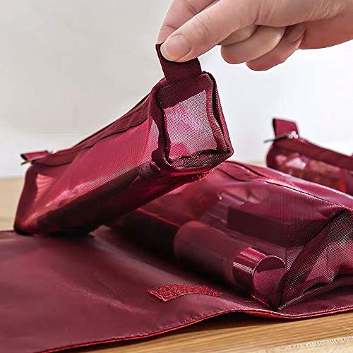 MOONKKA Roll Up Toiletry Bag Travel Cosmetic Case Organizer Portable Artist Storage Bag with Four Detachable Storage Bags for Cosmetics Makeup Brushes Toiletry Jewelry,Bordeaux red