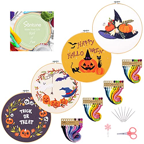 Image of Santune 4-Pack Halloween Embroidery Kit Cross Stitch Kits for Beginners DIY Needlepoint Kit with 4 Embroidery Clothes Featuring Pumpkin Patterns,2 Hoops,Color Threads,Needles