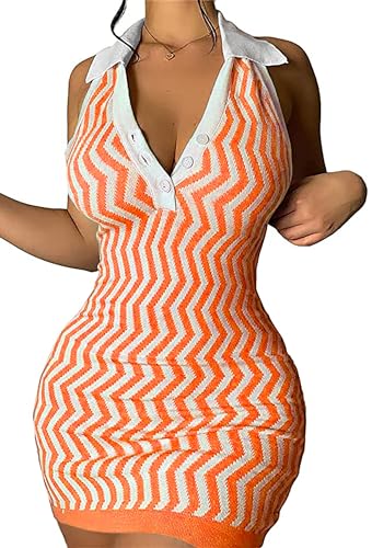 Ryehack Women’s Summer Halter Dress Backless Sundress Striped V Neck Bodycon Mini Beach Dress Y2k Sexy Casual Tank Dress Orange