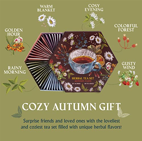 Image of ACORUS Autumn Taste Tea Set, Natural Herbal Tea Variety Pack, Assorted Tea Box, Tea Gift Set of 6 Different Teas, Herbal Tea Sampler of 60 Tea Bags Individually Wrapped, Discover Rich Autumn Teas