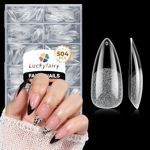 Long Almond Nail Tips: 504pcs Full Cover Soft Gel Nail Tips, 12 Sizes Pre-Etched Half Matte Almond Press on Nails No C Curve For Nail Extensions Home Salon
