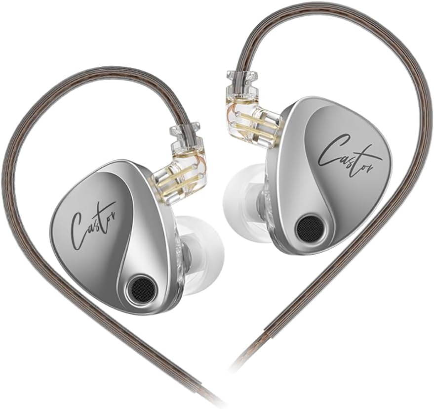KZ Castor in Ear Monitor Headphones, HiFi Improved Bass Earphone Sound Tuning Noise Isolating IEM, 2 Dual-Dynamic Driver Wired Earbuds,4 Tuning Switches（Silver，No Mic）