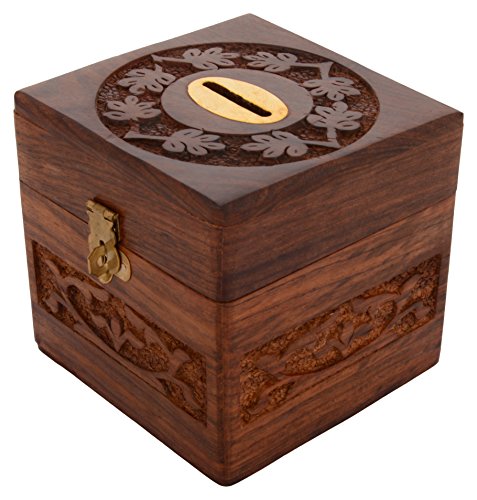 SAAGA Wooden Money Bank with Coin Slot for Kids and Adults / Handmade : 4x4x4 inches (LxBxH) Christmas Gifts / Holiday