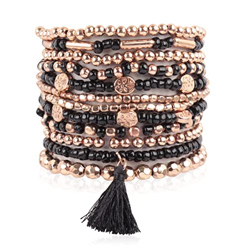 Image of RIAH FASHION Bohemian Multi-Layer Beaded Pendant Statement Stretch Strand Bracelet - Bead Tassel Pom Pom Star Charm Stack Cuff Bangles (Boho Indian Beaded Multi Bracelets - Tassel Gold /Black)