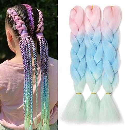 MAYSA Jumbo Braid Hair Extension Three Tone 3Pcs 24in For Girl Twist Crochet Braids,Jumbo Box Braiding Hair #Light Pink-Light Blue-Light Green