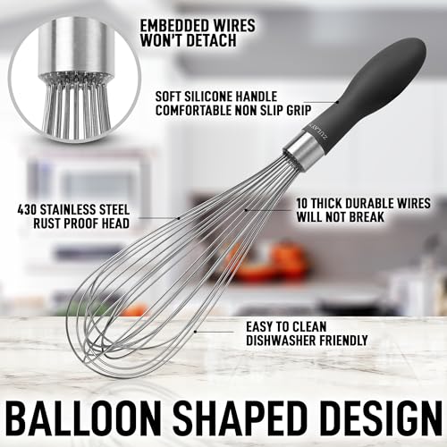 Image of Zulay Kitchen Stainless Steel Balloon Whisk 12 Inch - Heavy Duty and Durable Wire Whisk with Non-Slip Silicone Handle for Blending, Whipping & Beating - Black