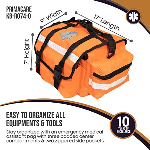 Image of Primacare KB-RO74-O First Responder Trauma Bag, 17 inch x 9 inch x 7 inch, Orange - EMT /EMS Medical Supply Organizer with Padded Dividers, Multiple Compartments, Side Pockets, Reflective Strip, Durable Design