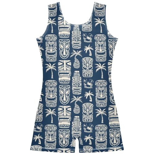 Aflyko Little Girl Gymnastics Leotard with Shorts Tiki Palm Tree Navy One-Piece Activewear Soft Stretchy Tank Tops Fun Fashion Dance Outfit 7-8T