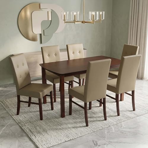 Image of Royaloak Elite Wooden Dining Table 6 Seater Set, Solid Wood Legs, Wooden Veneer Table Top, Leatherette Upholstered Chairs with Comfortable Back Support, Modern Contemporary Design
