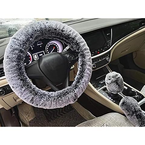 Winter Warm Fluffy Furry Fuzzy Car Steering Wheel Cover,Universal Fit Thickening Faux Rabbit Fur Plush Steering Covers+Gear Shift Cover and+Brake cover-3pcs Set (Black Gray) Cover