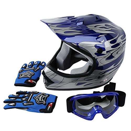 TCT-MOTORPARTS Helmet+Goggles+Gloves DOT Youth Kids Blue Flame Dirt Bike Helmet ATV Motocross Medium