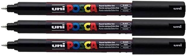 Posca PC-1MR Black Colour Paint Marker Pens Ultra Fine 0.7mm Calibre Tip Nib Writes On Any Surface Glass Metal Wood Plastic Fabric (Pack Of 3)