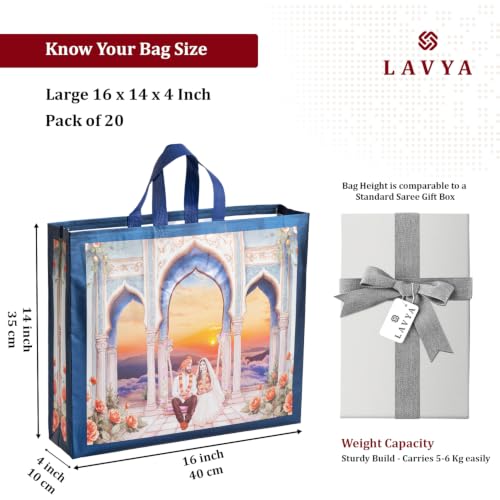 Image of Lavya Large Size Return Gift Bags | Reusable Non-Woven Metallic Laminated Matt Finish Carry Bags for Weddings, Traditional Gifting, Sarees, Sweets & Dry Fruit Boxes (Royal Sunset Wedding, L-16x14x4, Pack of 20)