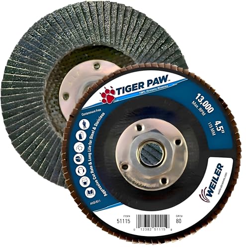 Image of Weiler 51115 4-1 /2 inch Tiger Paw Abrasive Flap Disc, Flat (Ty27), Phenolic Backing, 80Z, 5 /8 inch-11 Unc Nut (Pack of 10)