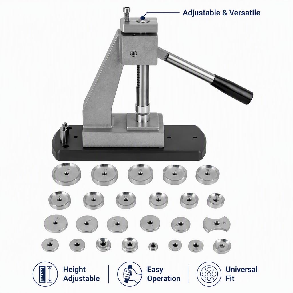 Kit de Herramientas para prensar Cajas de Relojes con 25 Matrices, Altura Ajustable y diseño de presión Vertical para Abrir y Cerrar Cajas de Relojes.