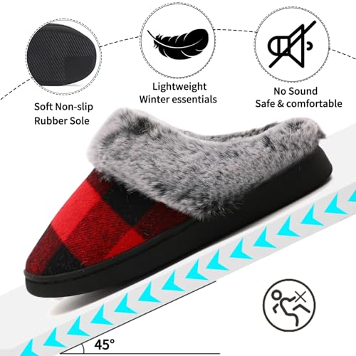 House Slippers for Woman Men, womens Checkered Slippers on House Shoes Cozy Memory Foam Scuff plaid Shoes with Fuzzy Faux Fur Comfortable Non-Slip Warm Fuzzy indoor outdoor4