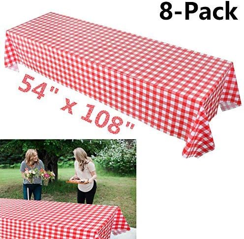 Plastic Red and White Checkered Tablecloths, 8 Packs Plastic Disposable Vinyl Party Tablecloths - Picnic Camping Party Supply Table Cover for Birthdays, Gatherings, Holidays, BBQ s - 108 x 54 inches