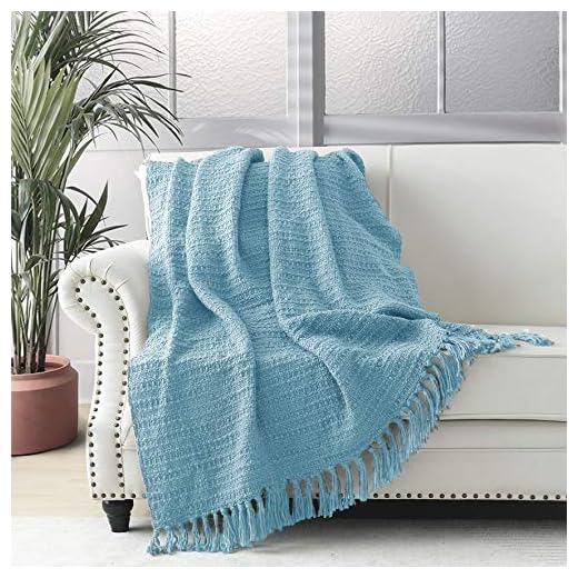Manta gruesa de punto azul claro para sofá, silla, sofá, cama, estilo bohemio, con patrón de tejido con flecos decorativos, 127 x 152 cm