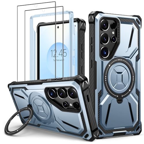 Lanhiem Armor Funda para Samsung Galaxy S25 Ultra, con Soporte Giratorio de 360 Grados y 2X Cristal Templado, Antigolpes Protección Militar, Resistente Antichoque Carcasa para Samsung S25 Ultra Azul