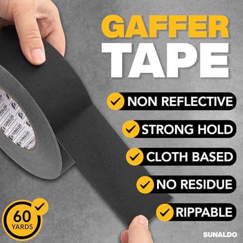 Image of Gaffers Tape Heavy Duty, Easy to Rip, Residue-Free Professional Grade Floor Tape for Electrical Cords, Matte Finish Non Reflective, Weather Resistant (1, Black, 2 inch x 60 Yards)