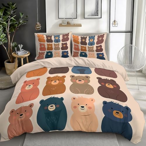 Bedding Sets Cartoon Animal Bear Print Duvet Cover Set, Comforter Cover 3D Duvet Cover Full Size Soft Youth Reversible 3-Piece Quilt Cover for Kids Teens