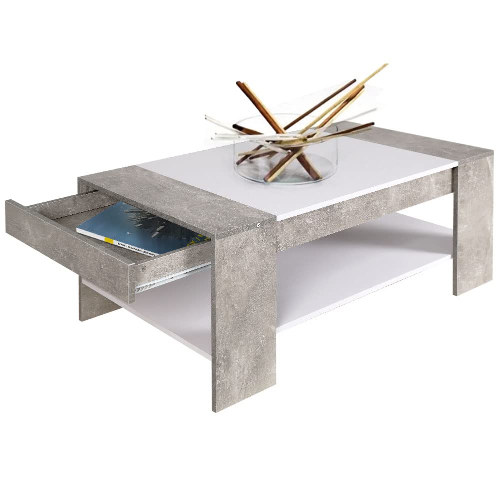 BAKAJI Tavolino Divano Tavolo Caffè da Salotto Rettangolare Design Moderno in Legno MDF con Ripiano Inferiore e Cassetto a Scomparsa Dimensione 100 x 58 x 44 cm Colore Grigio Effetto Cemento
