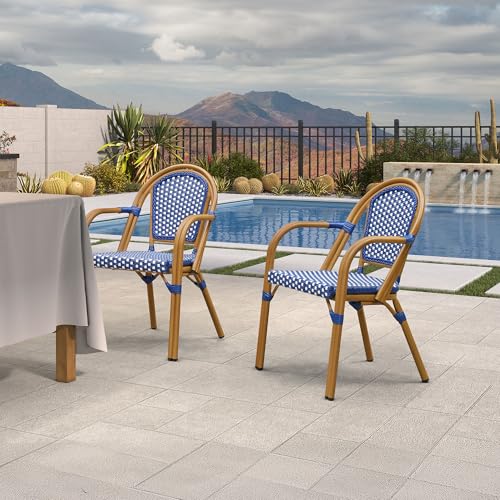 Image of PURPLE LEAF Outdoor French Bistro Armchairs Set of 4, Bamboo Finish, Blue
