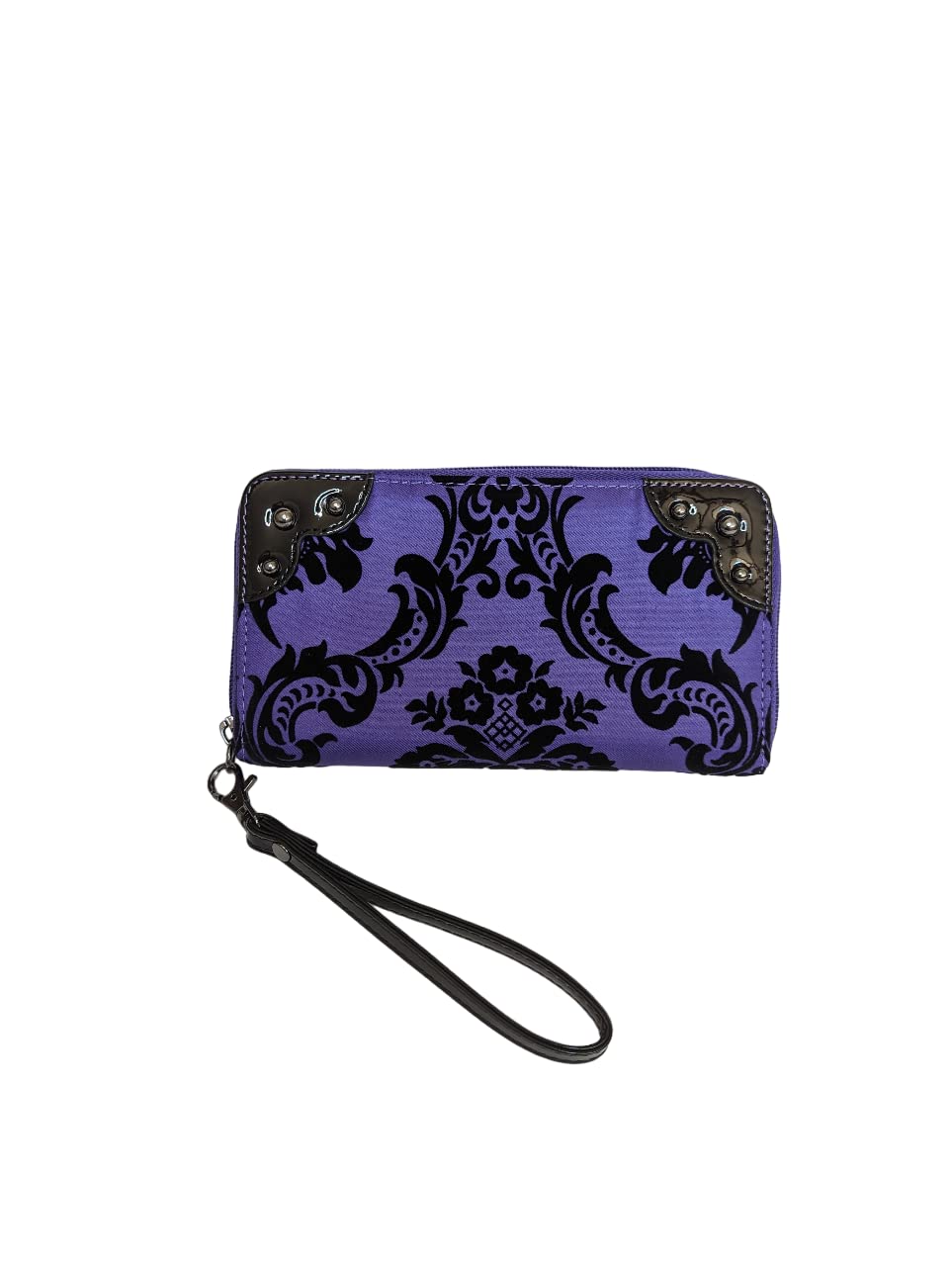 Black on Royal Purple Wristlet Violet Victorian Damask Zip Around Wallet, Purple, Victorian Wallet