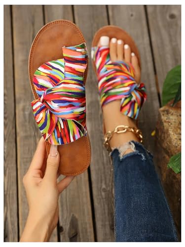 OYOANGLE Women's Colorful Bow Knot Toe Post Slide Sandals Comfortable Open Toe Sandals Summer Beach Shoes3