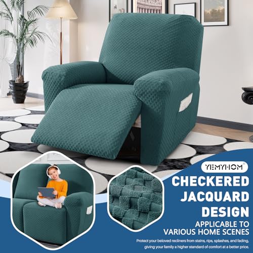 Image of YEMYHOM 4 Pieces Oversized Stretch Recliner Slipcover Jacquard Large Recliner Chair Cover with Side Pocket Anti-Slip Fitted Furniture Protector (X-Large Recliner, Peacock Blue)