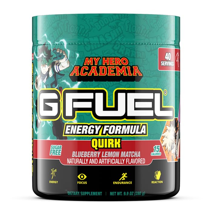 Image of G Fuel My Hero Academia Energy Drink Powder, Pre Workout Caffeine Mix for Gaming, Sugar Free Focus Amino, Vitamin + Antioxidants, 9.9oz (Blueberry Lemon Matcha, 40 Servings)