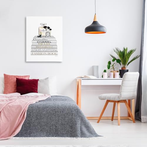Image of Bookstack Makeup Glam Still Life, 30 x 40 Inch Canvas Wall Art | Stupell Industries . By Amanda Greenwood . Ready to hang . Chic gift for readers and beauty lovers . Made in USA