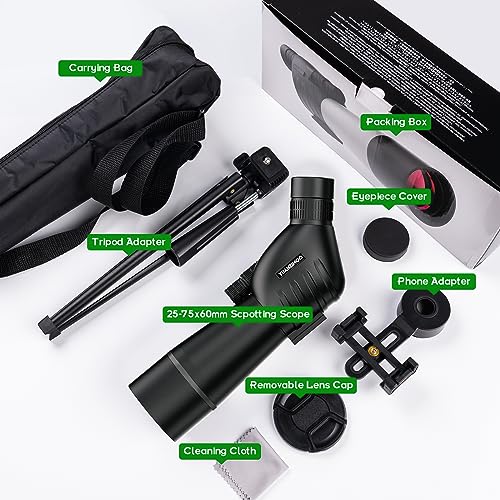 Image of 25-75 X 60 Spotting Scope with Tripod Phone Adapter Monocular Telescope Spotting Scopes for Target Shooting Hunting Bird Watching Black