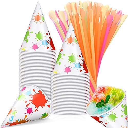 Boao 100 Pieces Snow Cone Cups 4.5 OZ Leakproof Matching 100 Pieces Spoon Straws for Snow Cone Syrups Slush Shaved Ice Cream Sorbet Water(Splashing Ink,Multicolor,4.5 oz)