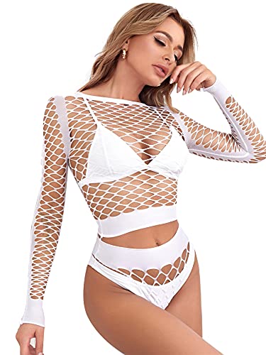 SheIn Women's Lingerie Sets Fishnet Babydoll 2 Piece Crop Top and Panty Set Mesh Shirts Long Sleeve One-Size White