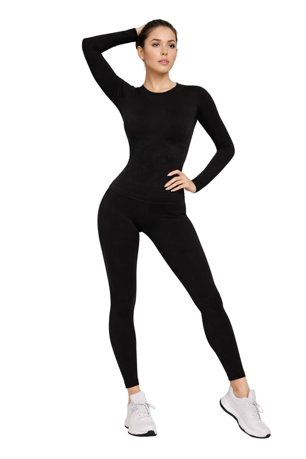 Korean Women Gym Wear Set | Full Sleeves Workout Top & High Waist Leggings |Fully Stretchable Slim Fit Activewear | Fitness Activewear Set for Gym, Yoga, Running, Training (W-Gset-(BLACK)-M)