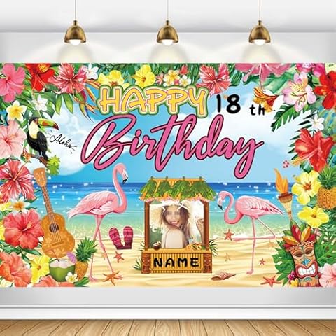 AUBAO Custom Happy Birthday Banner Flamingo Themed Party Decoration Backdrop Party Supplies Tropical Floral Photo Booth Hawaiian Themed Party Decoration for Luau Beach (4x6ft) Cover