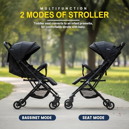 Image of BAYBEE Baby Stroller With 2 in 1 Bassinet & Seat Mode with Parent Handle Bar, 360 Swivel Wheels, 3 Position Recline, Leg Rest, Canopy for Sun Shade & Storage Basket, Ideal Travel Friendly Strollers for Boy Girl (Black)