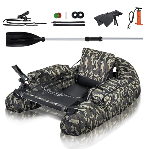 HOMASIS Bote inflable individual, bote hinchable con aletas, remo y delantal/bomba para inflado, bote hinchable para pesca, capacidad de carga 150 kg, camuflaje