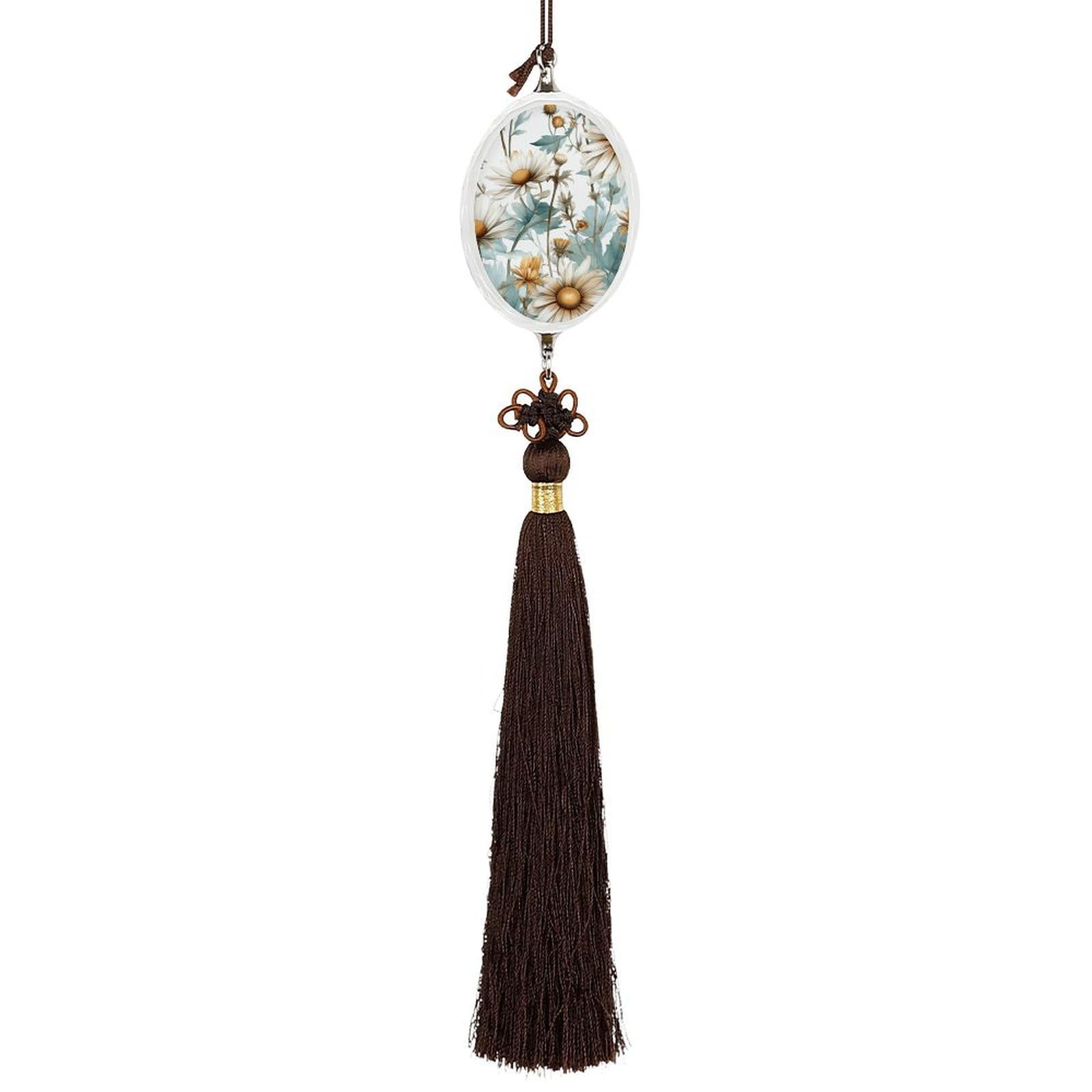 Crystal Auto Pendant Charms Ellipse Crystal Car Rear View Mirror Charms Daisy Flowers on Background Auto Hanging Interior Ornament Pendant Car Interior Accessories for Women Men CarCharms Decor