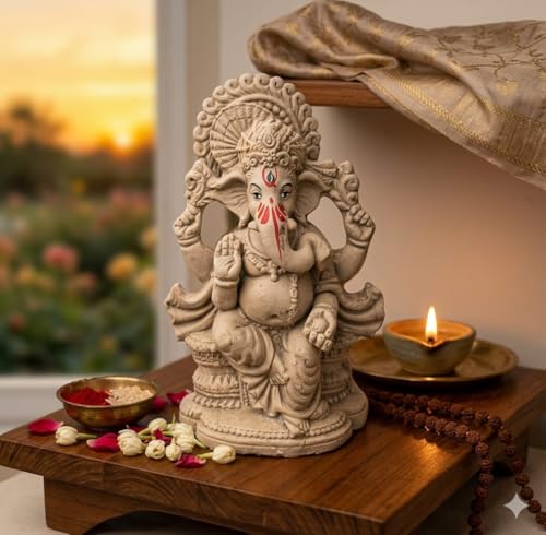 Image of SAUDEEP INDIA 8 Inch Mitti Ganesh Idol | Eco-Friendly Handcrafted Mud /Clay Ganesh Murti | Ganpati Figurine for Ganesh Chaturthi Visarjan | Biodegradable Mukut Ganesha Statue(Export Quality)