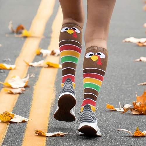 ChalkTalkSPORTS Holiday Woven Knee-High Socks | Thanksgiving Goofy Turkey With Stripes | Multiple Sizes3