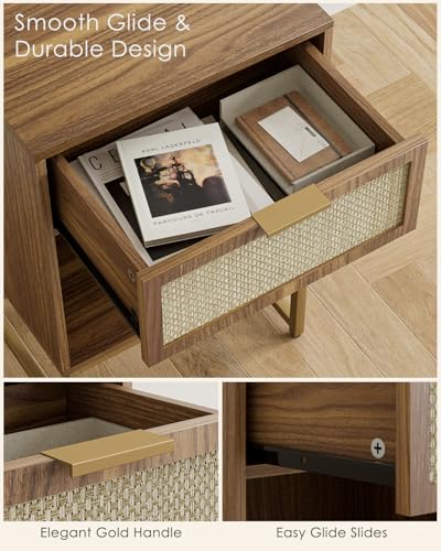 Image of Masupu Rattan Nightstand,Modern Night Stand Boho Farmhouse Wood Bedside Table with Storage Drawer Side End Table for Bedroom, Office,Walnut Brown