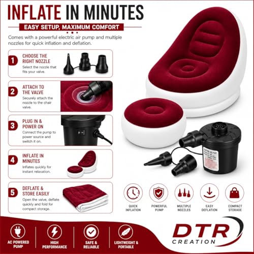 Image of Inflatable Lounge Chair for Adults with Ottoman, Foldable Air Sofa Couch, Portable Blow Up Chair for Living Room Bedroom, Comfortable Indoor Seating, 150 kg Capacity (Maroon)