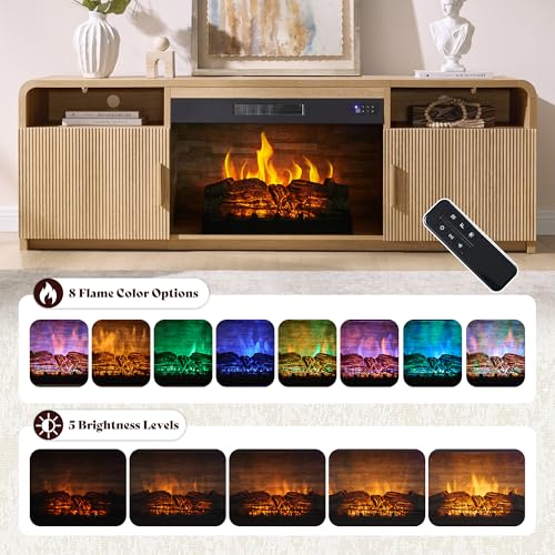 Image of AMERLIFE 70 inch Fluted Fireplace TV Stand for TVs Up to 80 inch, Modern TV Console with 30 inch Electric Fireplace & Storage Cabinets, Media Entertainment Center for Living Room, Natural Oak